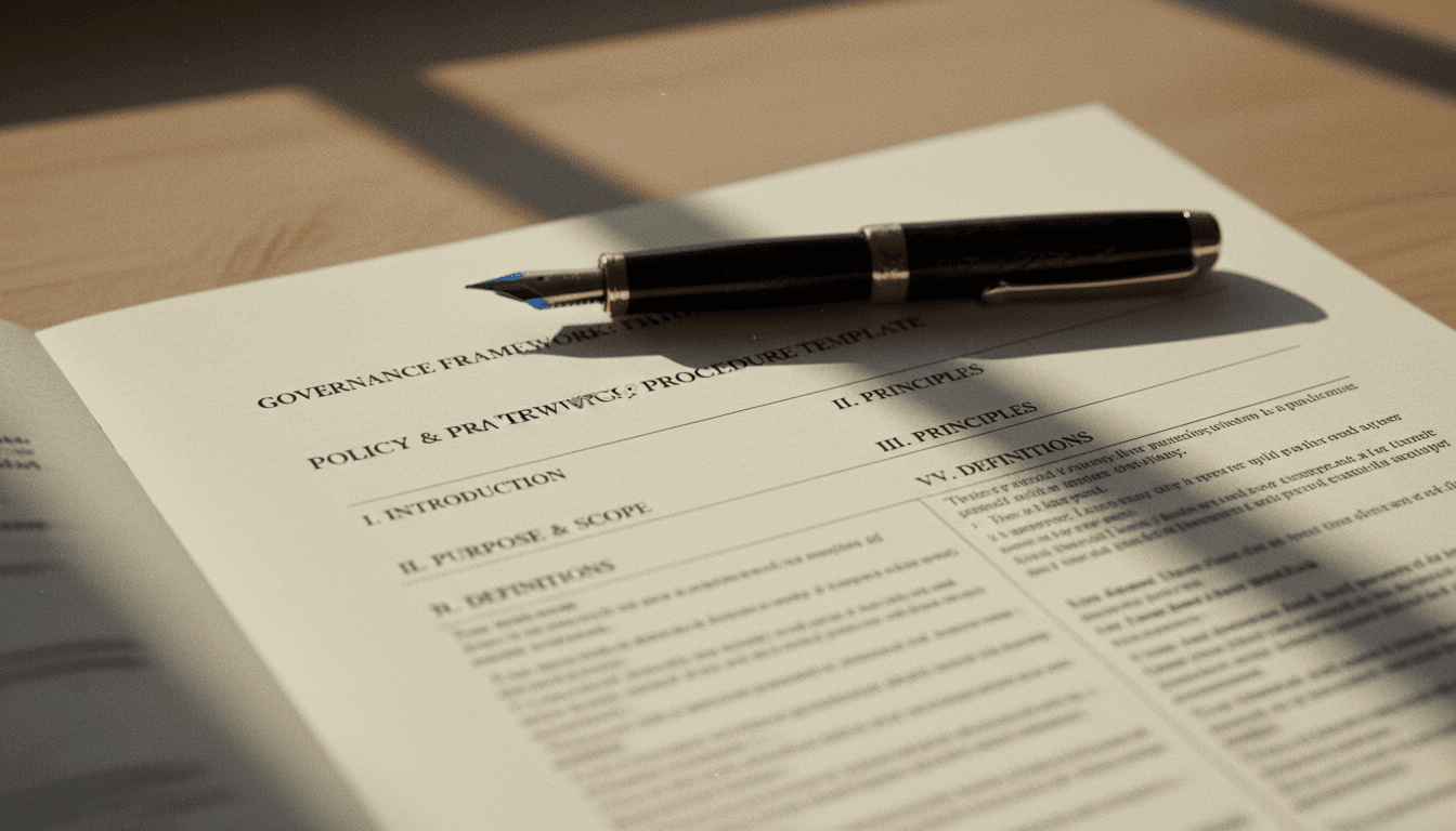 Open policy document with pen showing governance framework detail