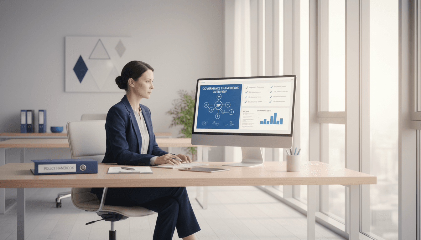 Professional reviewing data governance frameworks and compliance documentation at a modern workspace