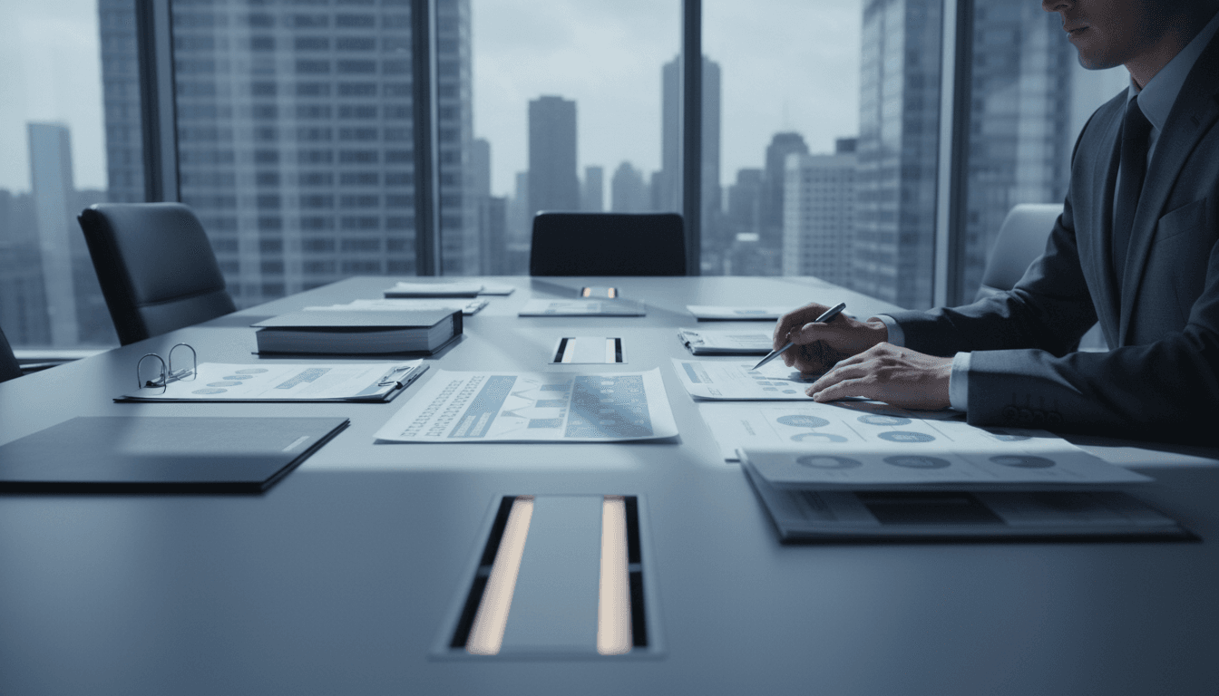 Professional reviewing data governance frameworks and compliance documents at a conference table
