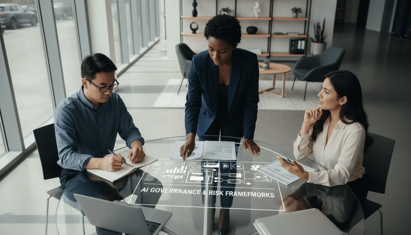 Professional team reviewing data governance and AI risk frameworks in a modern office setting