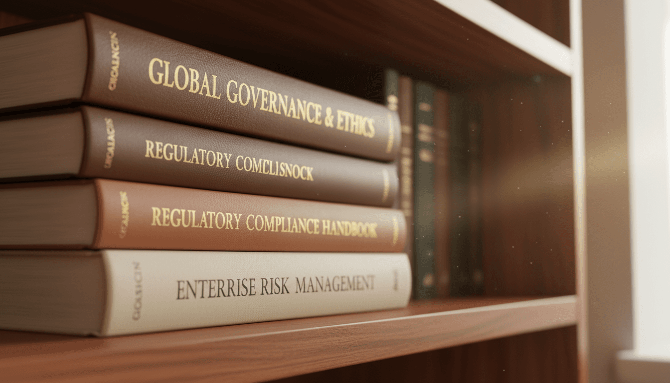 Stacked governance and compliance books on wooden shelf with natural light