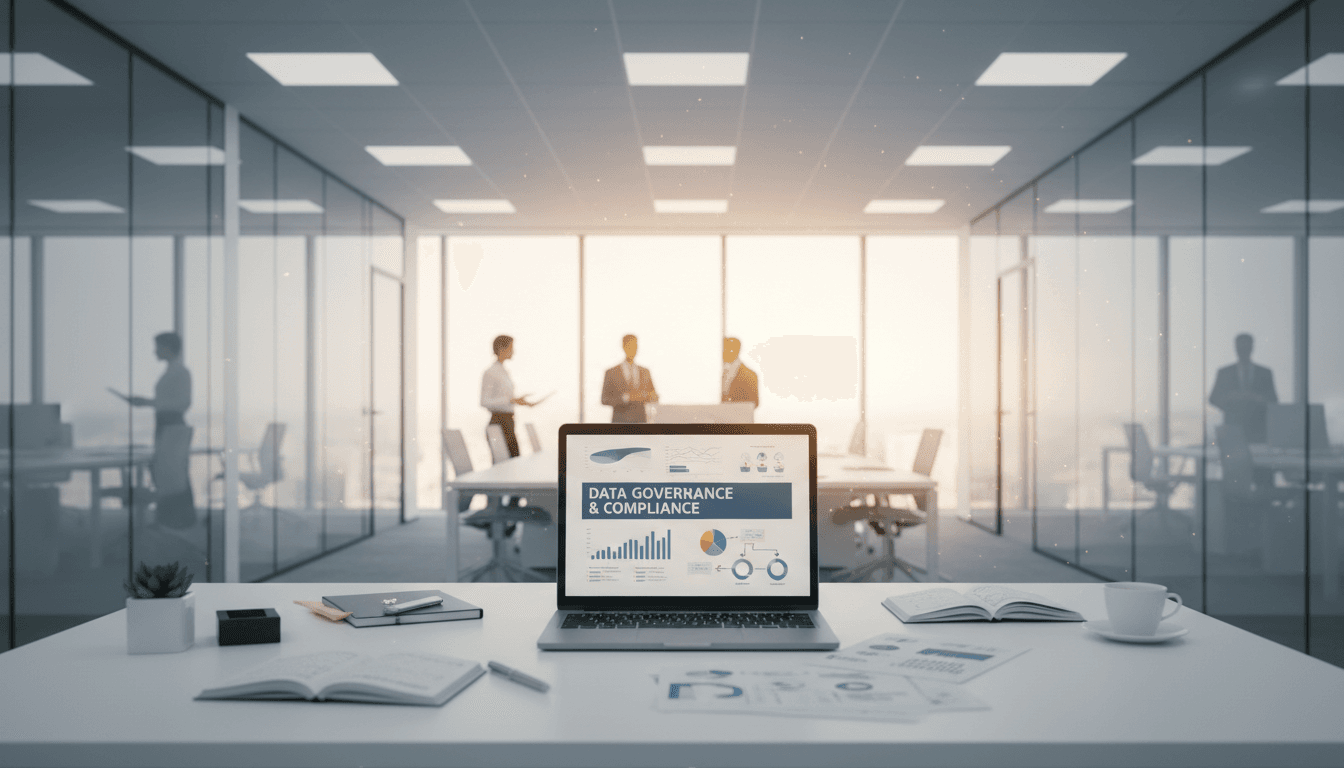 Modern office workspace with data governance dashboards displayed on laptop screen