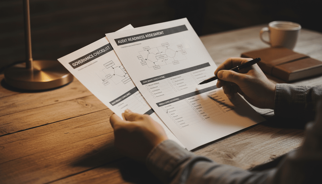 Close-up of audit readiness assessment documents and governance checklist